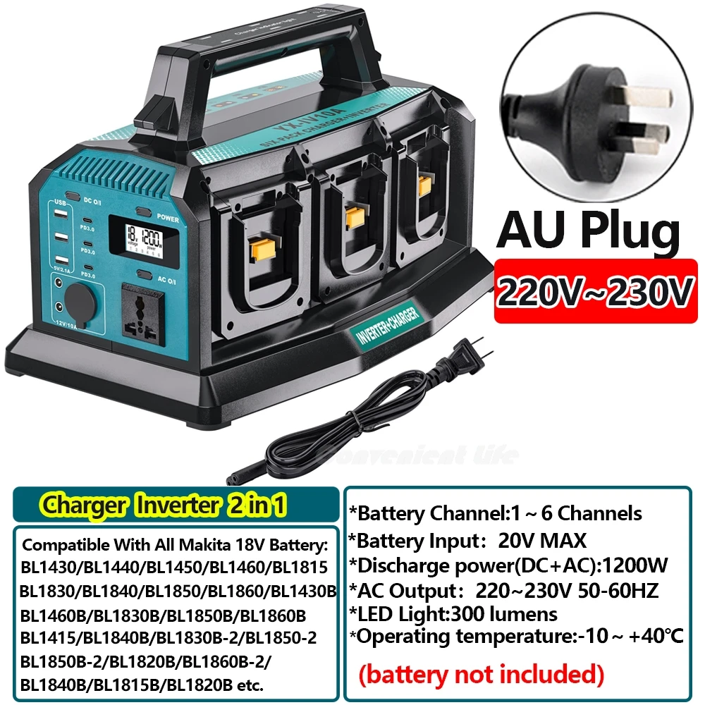 2-in-1 omvormer-oplader voor Makita 18V batterij Draagbare 1200W zuivere sinusomvormer 6A snellader 6 batterijpoorten DC naar AC 120/240V adapterconverter met 3 USB-A + 3 USB-C 300lm LED-lampen voor