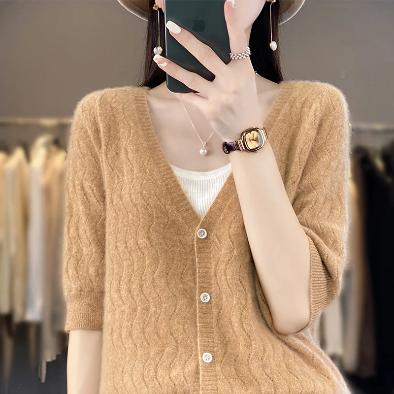 Women\'s T-shirt Summer New Line Hollow V-neck Fashion Knitted Loose Cardigan Top 100% Pure Wool Large Jacket Tank Top Tees