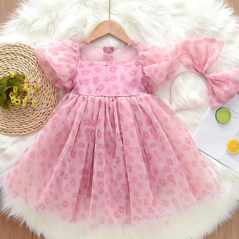 Summer New Pink Mesh Clothes Children Pearl Puff Sleeve Dresses Girl Sweet Princess Dress Cute Tutu Children Skirt With Headband