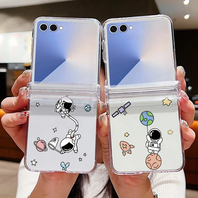 Astronauts Pattern Folding Phone Case For Samsung Galaxy Z Flip 7 6 5 4 3 5G Clear Hard PC Cover For Samsung Z Flip4 Flip6 Flip5