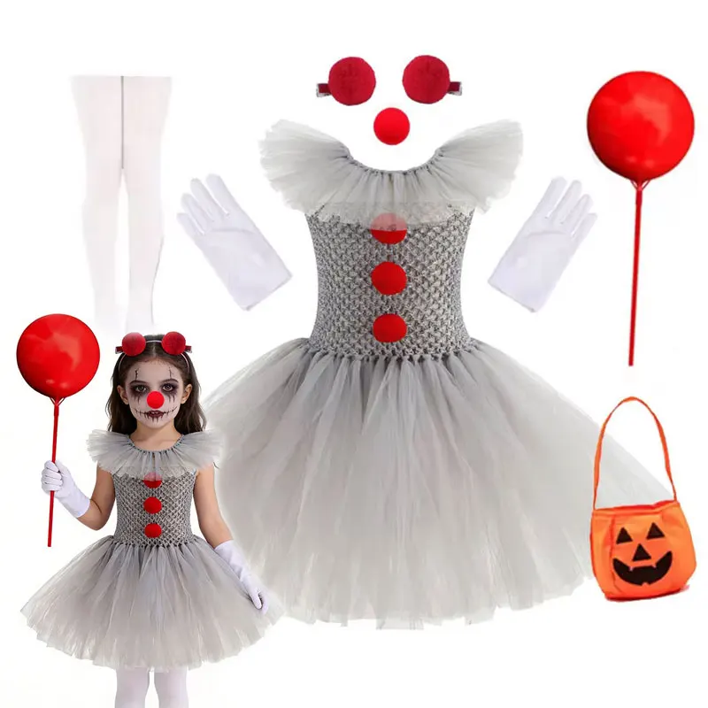 Mädchen Graues Gruseliges Joker-Tutu-Kleid Handgewebtes Tüllkleid Kinder Halloween Karneval Cosplay Clown-Kostüm Party-Outfit – Detail 2