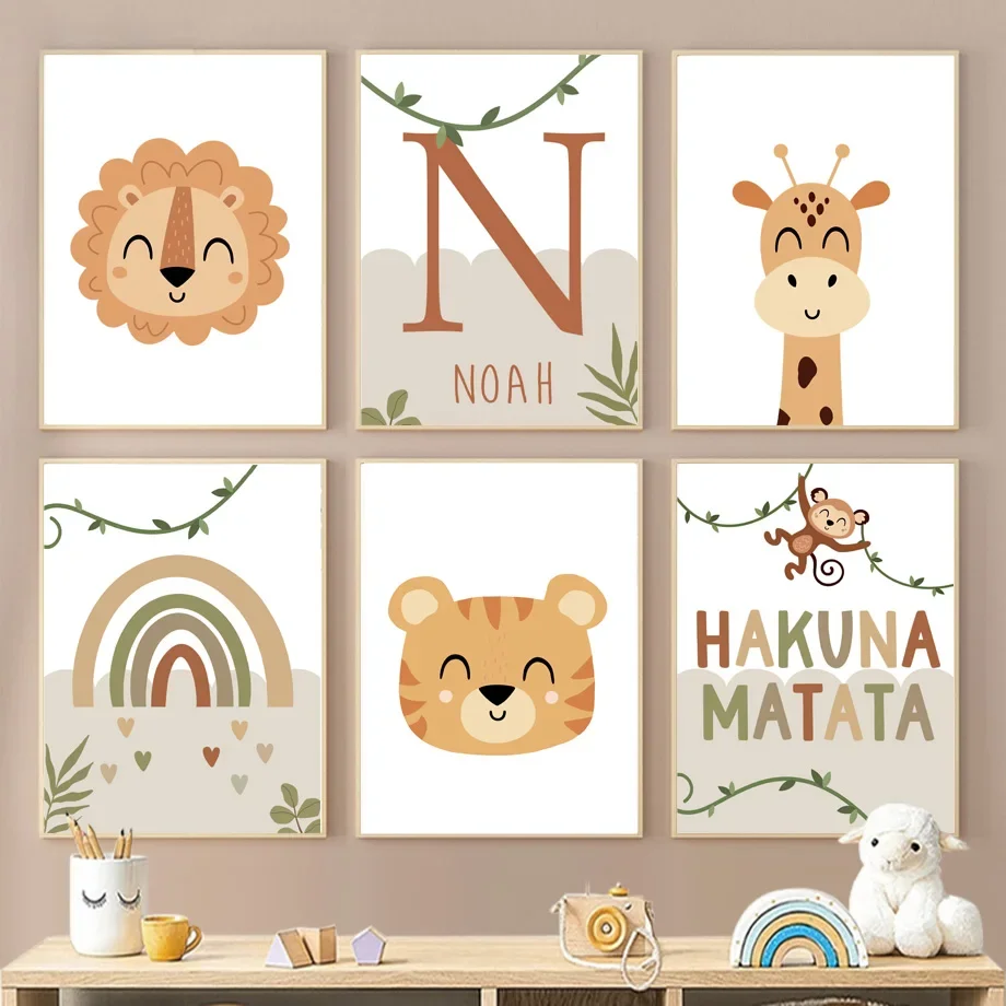 Kids Room Decoration Wall Art Poster Lion Giraffe Rainbow Name Custom Baby Home Decor Interior Art Mural Prints Wall Painting