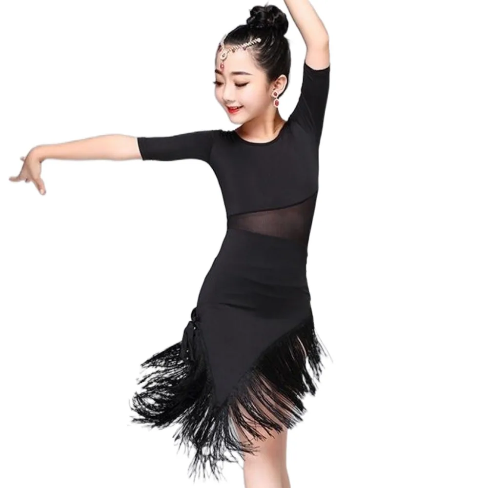 

Fringe Tassel Kids Latin Dance Dress Cha Cha Black Red Ballroom Dance Costume Professional Rumba Performance Clothes Child Girls