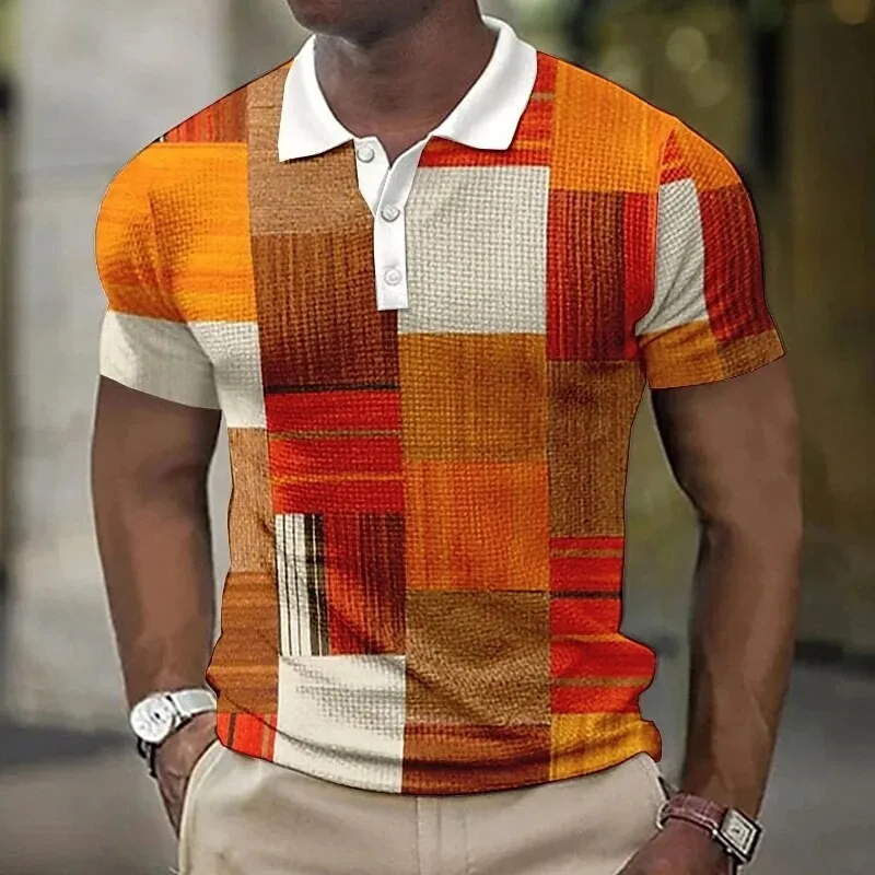 Patchwork Color Block 3D Print Polo Shirts Men\'s Fashion Vintage Streetwear Oversized Short Sleeve Shirt Tees Tops Man Clothing