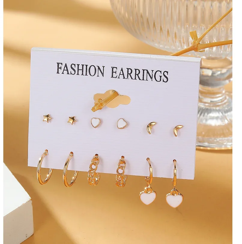 6 Pairs Korean Fashion Metal Start Heart Circle Small Earrings For Women Trend Black Heart Enamel Earrings Sweet Jewelry