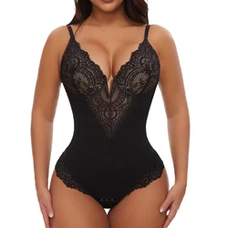 Womens V Neck Lace Body Shaper with Built in Underwire Bra All-Over Shapewear Slimming Bodysuits Tummy Control Sexy Corset