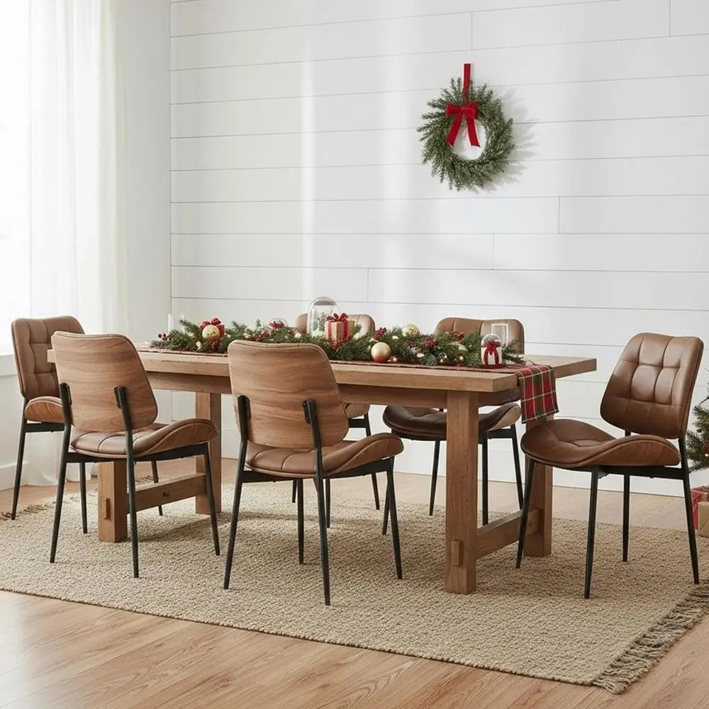 

Mid-Century Modern Leather Dining Chairs Set of 6 with Walnut Bentwood Backs and Metal Legs, Suitable for Dining Room, Restauran