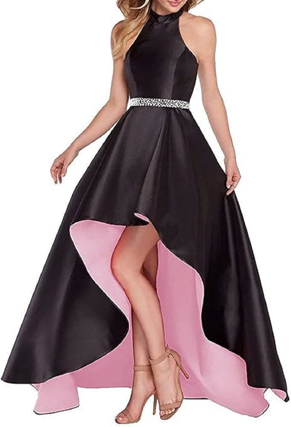 

YNQNFS W01 Halter Beaded Prom Dresses with Pockets Stain Sleeveless Backless High Low Bridesmaid Dress for Women