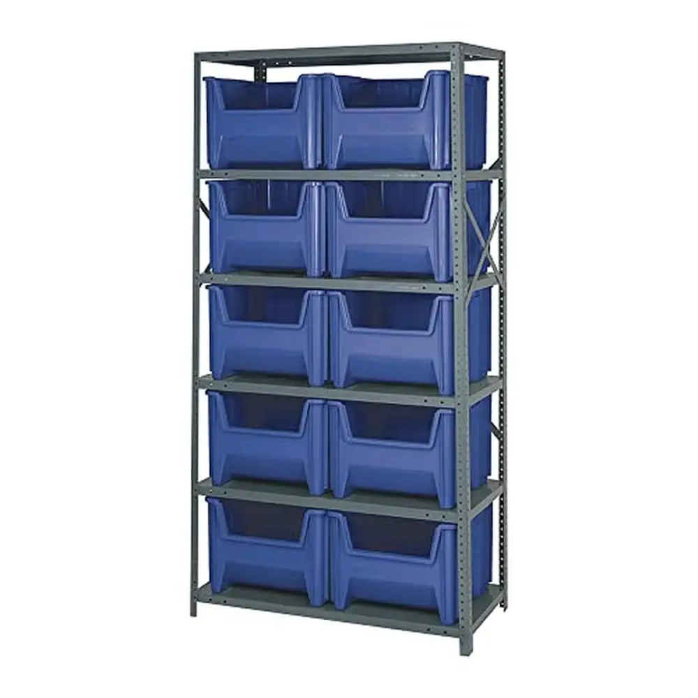 Adjustable 6-Shelf Shelving Unit with 10 Blue Bins Industrial Warehouse Storage Organizer Galvanized Steel Construction Easy