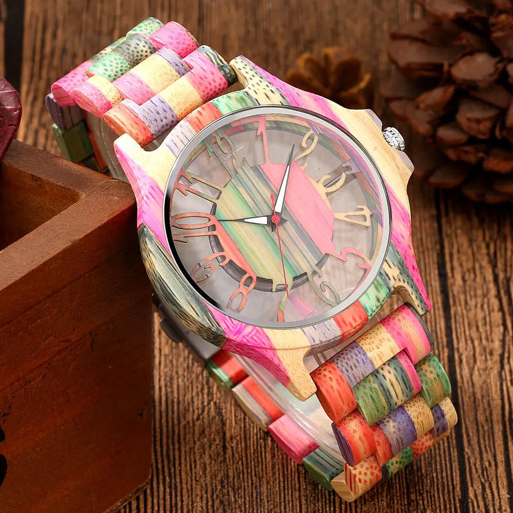 Transparent Hollow Arabic Numerals Dial Colorful Bamboo Watch Men Quartz Wristwatch Folding Clasp Bamboo Wood Bracelet Wristband