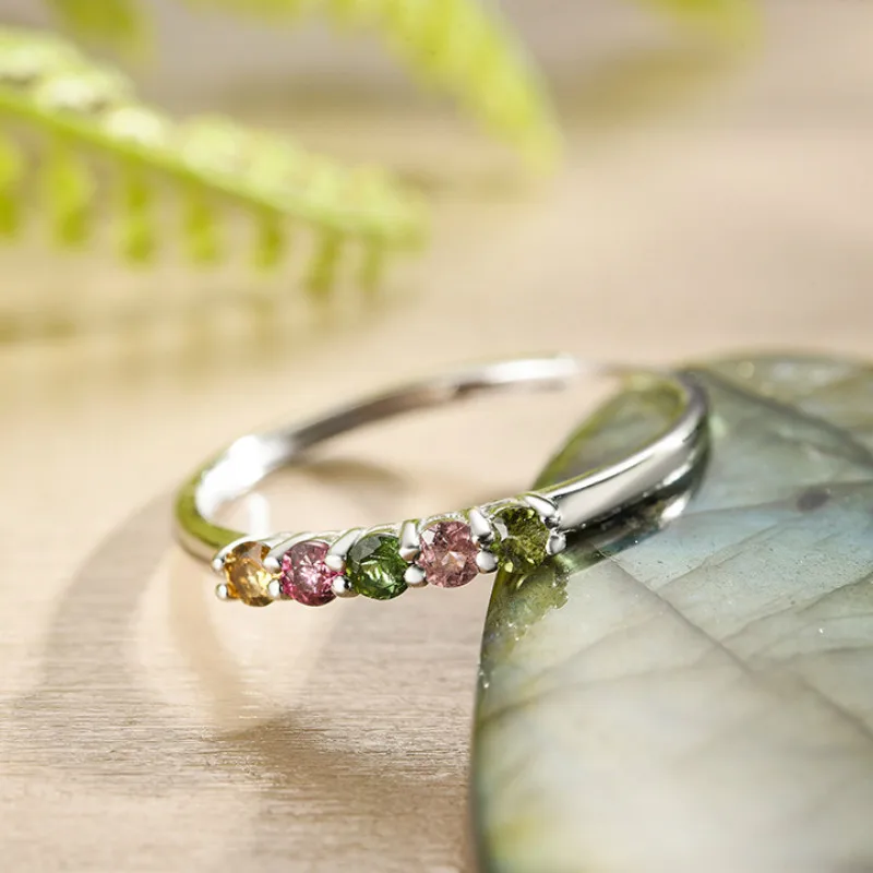 Tourmaline 925 Silver Women Ring Natural Stone Multicolor Sterling Silver S925 Opening Rings for Women Adjustable Wedding Ring