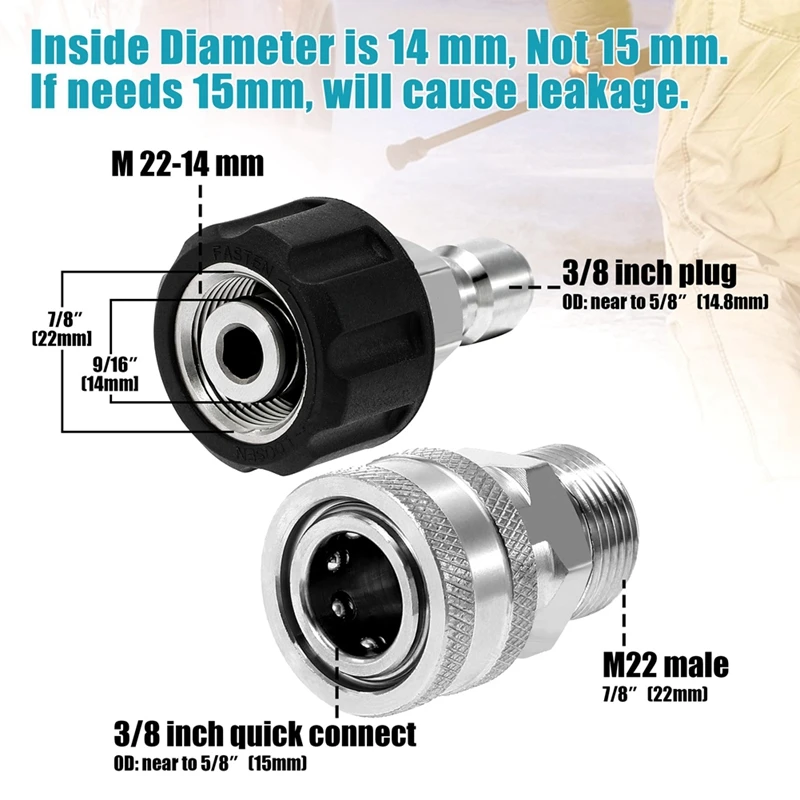4Pcs Pressure Washer Adapter Set, Quick Connect Kit, M22 14Mm To M22 Metric Fitting, Stainless Steel Easy Install Easy To Use