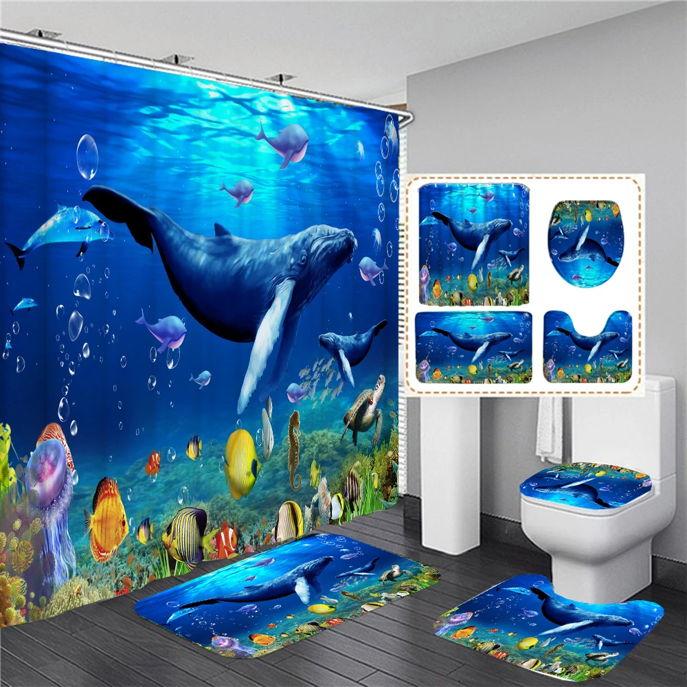 

3d Underwater Ocean Animal Shower Curtain Set Whale Fish Tropical Fish Bathroom Curtains Pedestal Non-slip Rug Bath Mats