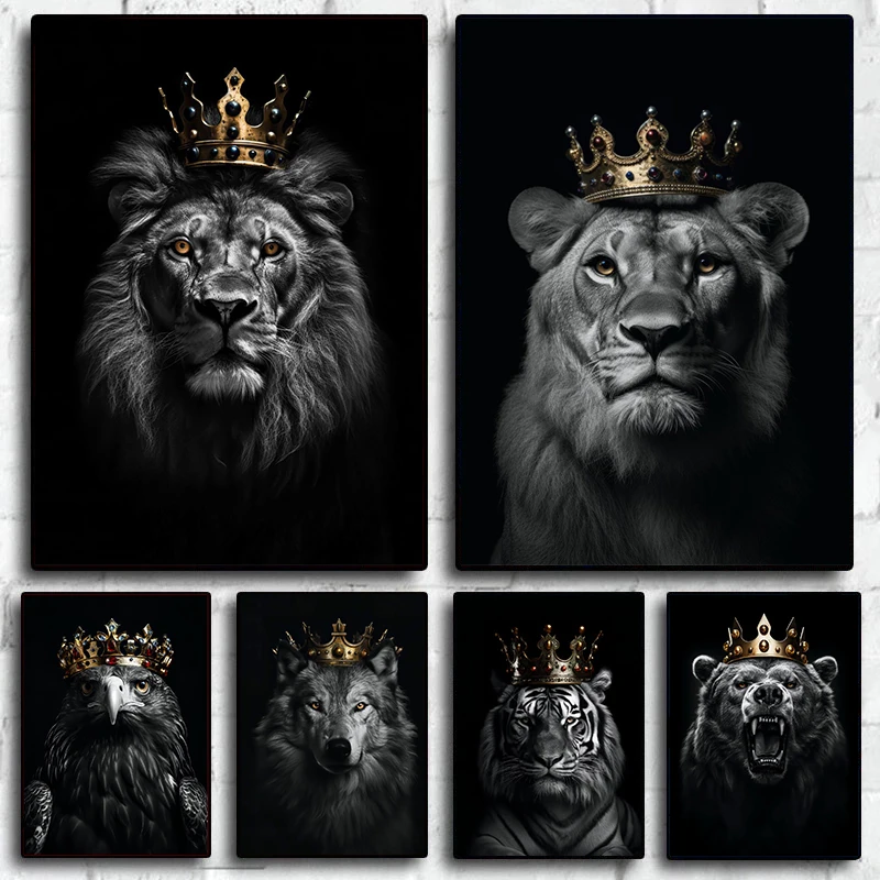 Animal Kingdom Wall Art Picture Lion Tiger Wolf Bear Gorilla Eagle Crown Canvas Painting Black White Light Shadow Art Home Decor