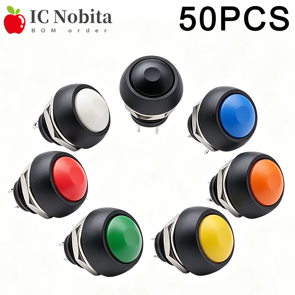 50PCS PBS-33B Momentary Push Button Switch 12mm Waterproof Round Self Reset Pushbutton No Lock Power Start Button Switches