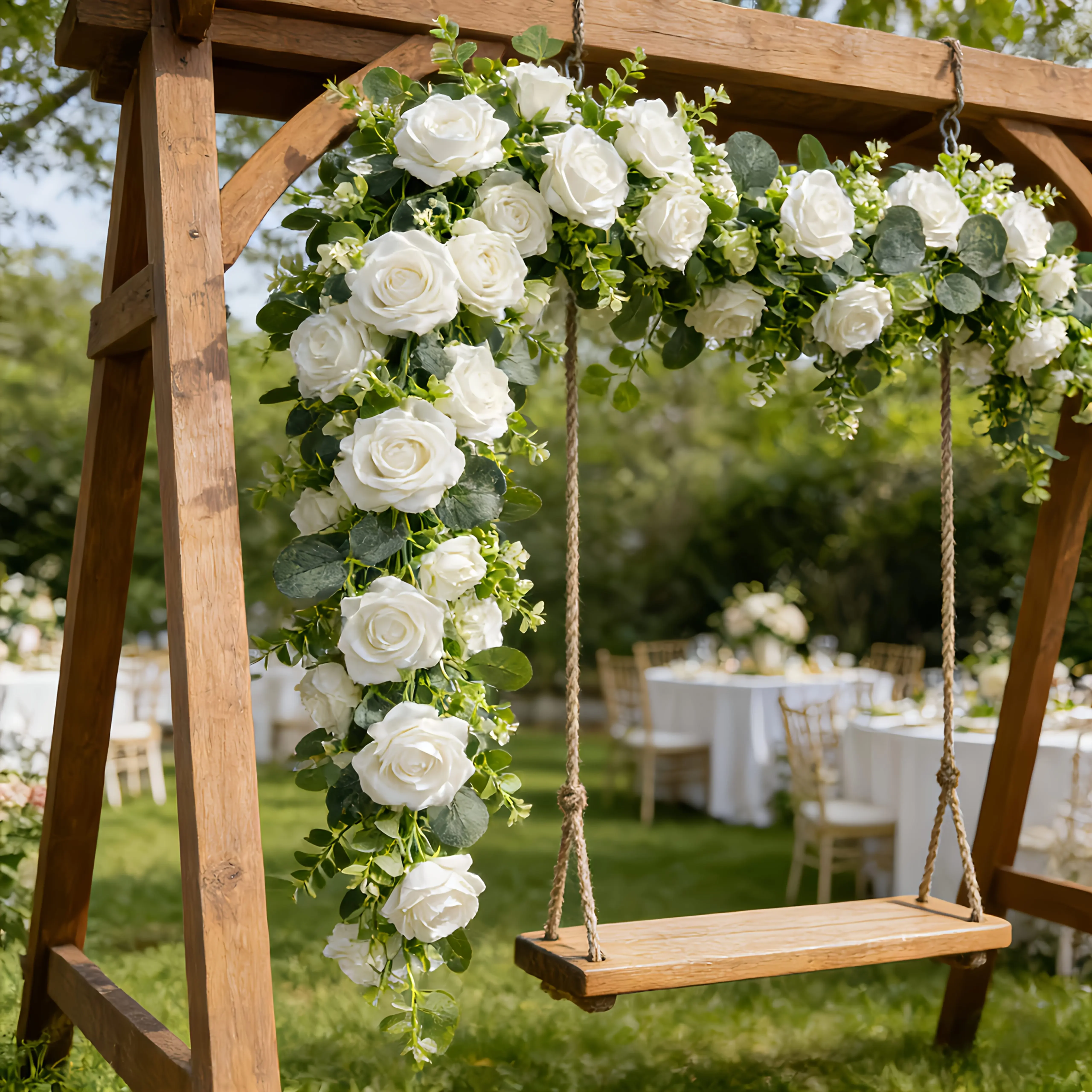 14/7 Stück Künstliche Blumen Weiße Rosen Eukalyptusblätter Künstliche Rankengirlanden | Ganzjahres-Hängedekoration für Hochzeiten, ideal für Ostern – Detail 4