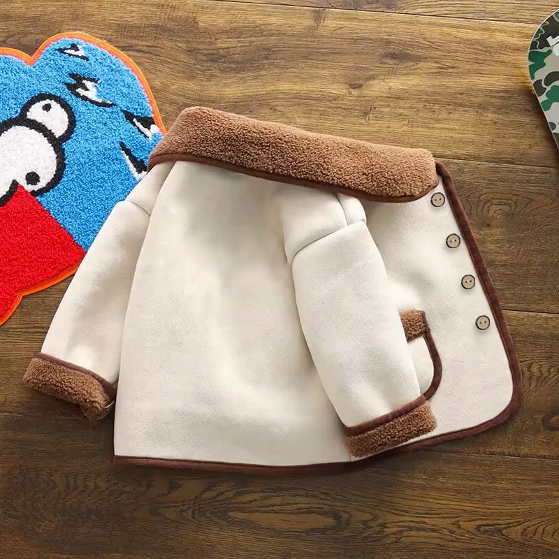 Baby-Jungen- und Mädchen-Wildlederjacke mit Sherpa-Futter, Kinder-Warmmantel mit Revers, einreihig, mit Taschen, Herbst-Winter-Oberbekleidung für Kleinkinder – Detail 2
