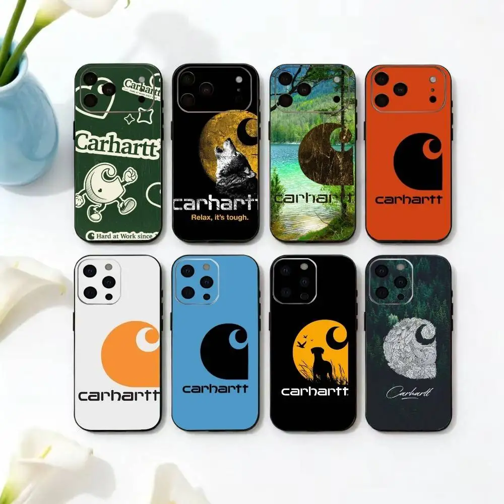 Funda de Teléfono Carhartt con Logotipo en Cuero para iPhone 17, 16, 15, 14, 13, 12, 11 Plus, Pro Max, Otros Modelos, Cubierta Negra Suave