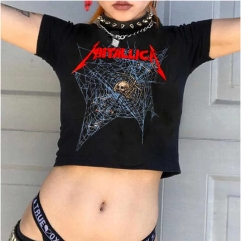 

Goth Skeleton cobweb print grunge graphic short sleeve crop top y2k Harajuku Punk basic Tee Slim T-shirt dress sexy black