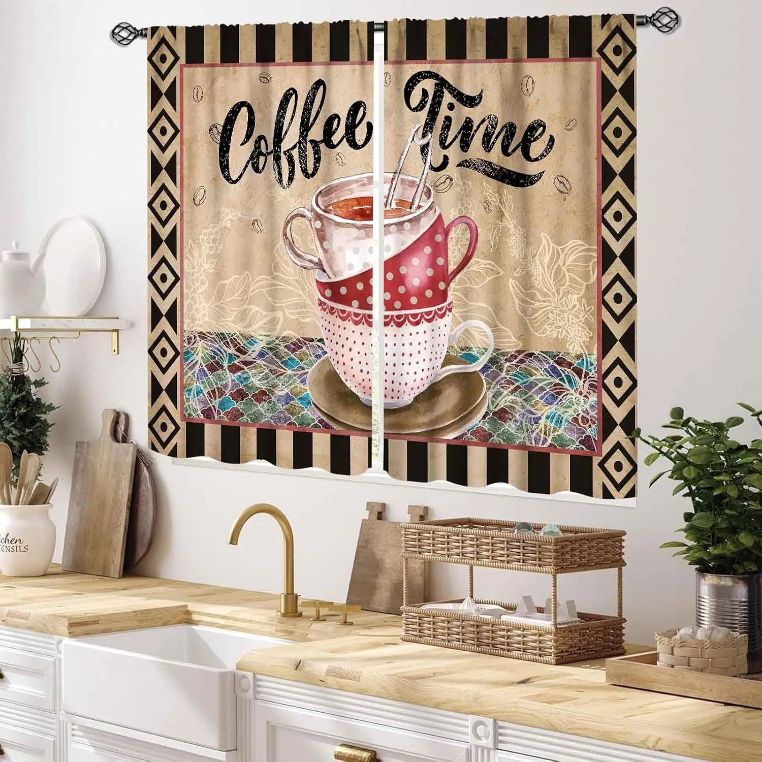 Vintage Coffee Time Cup Kitchen Curtains, Strip Rhombus Frame Mosaic Tile Print Window Drapes for Cafe Coffee Bar Decor