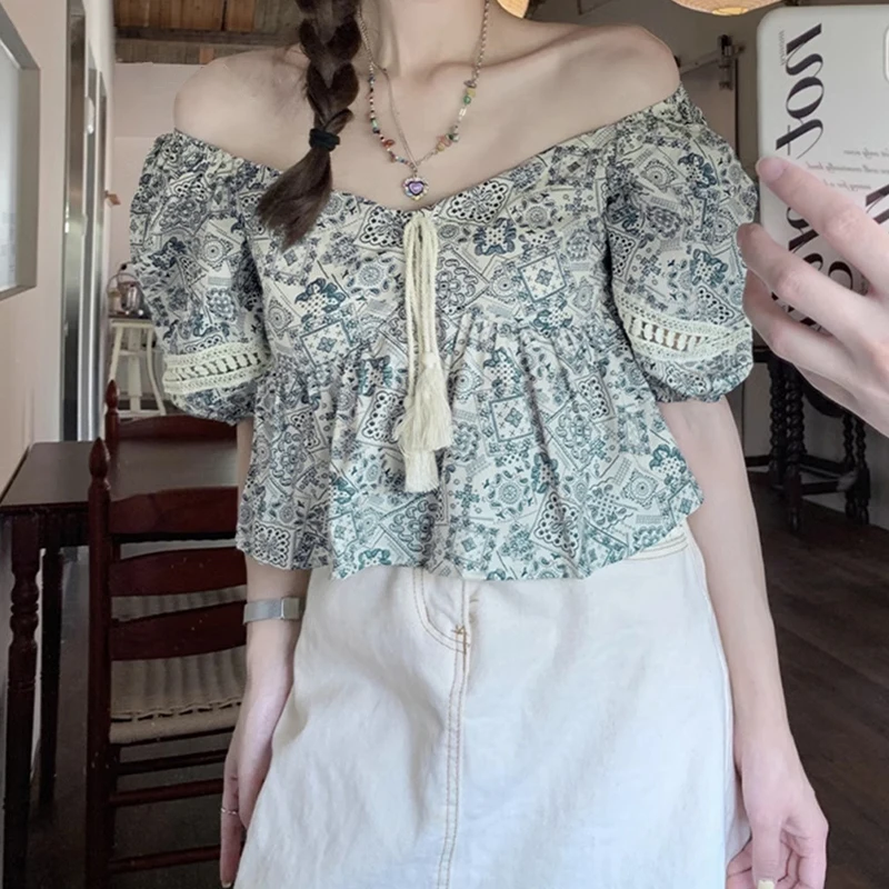 Vintage Cropped Print Shirts Vrouwen Elegante Vierkante Kraag Puff Blouses Korte Mouwen Zomer Street Wear Koreaanse Bandage Crop Tops