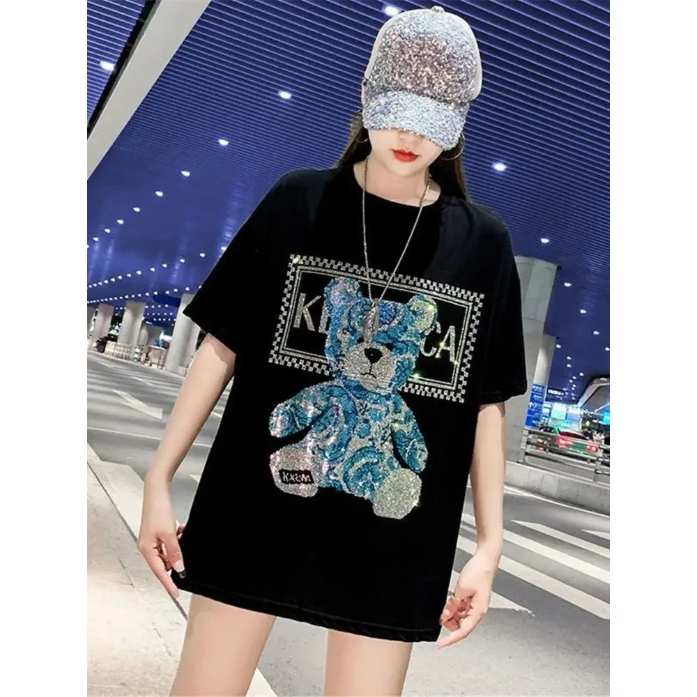 Plus-size Cool Black Tshirt Streetwear Summer Diamonds Rabbit T Shirt Women Harajuku Short Sleeves Tops Tee Funny Hip Hop