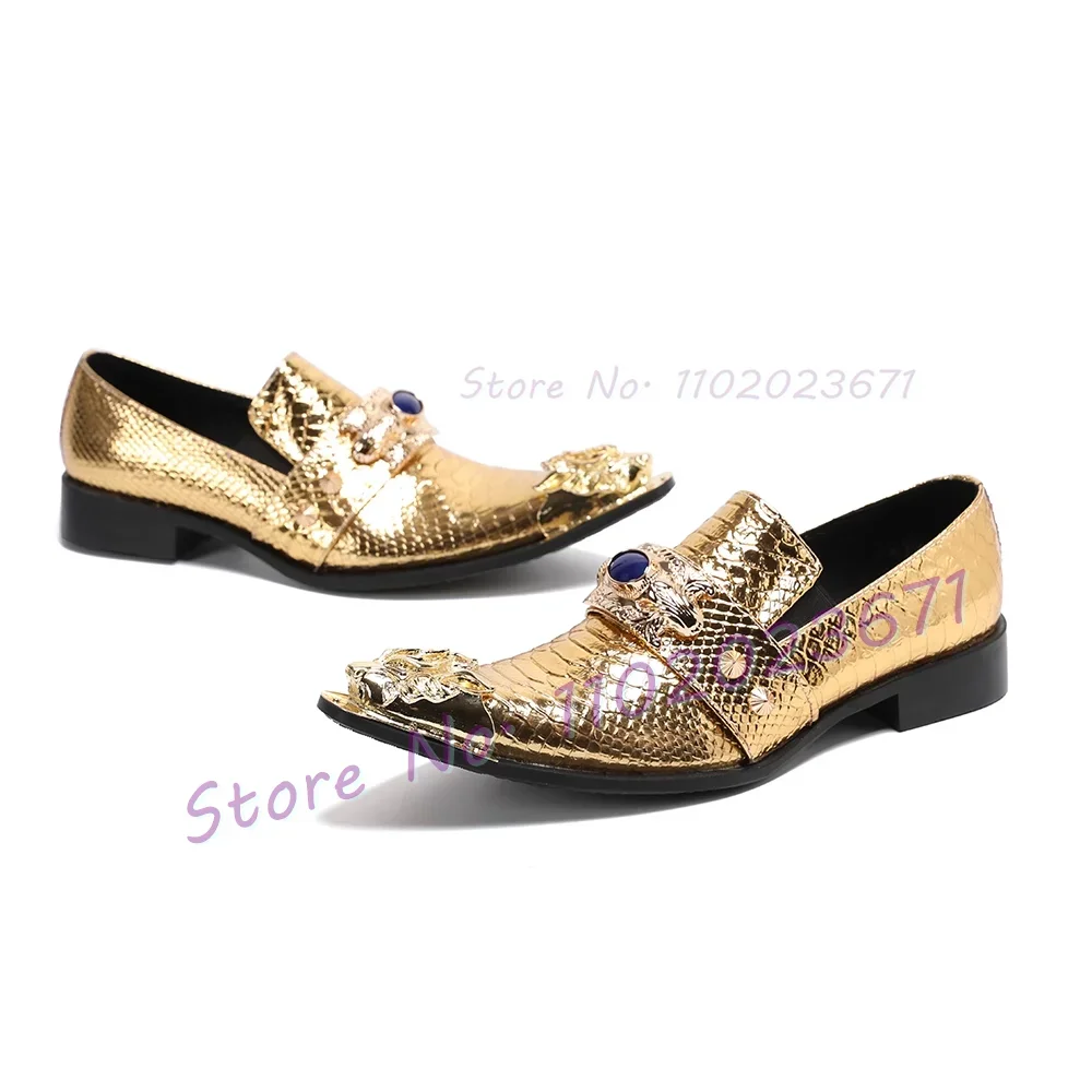 

Gold Genuine Leather Oxford Men Shoes Luxury Print Metal Toe Fashion Loafers Gems Decor Retro Fashion Shiny Low Heel Boots