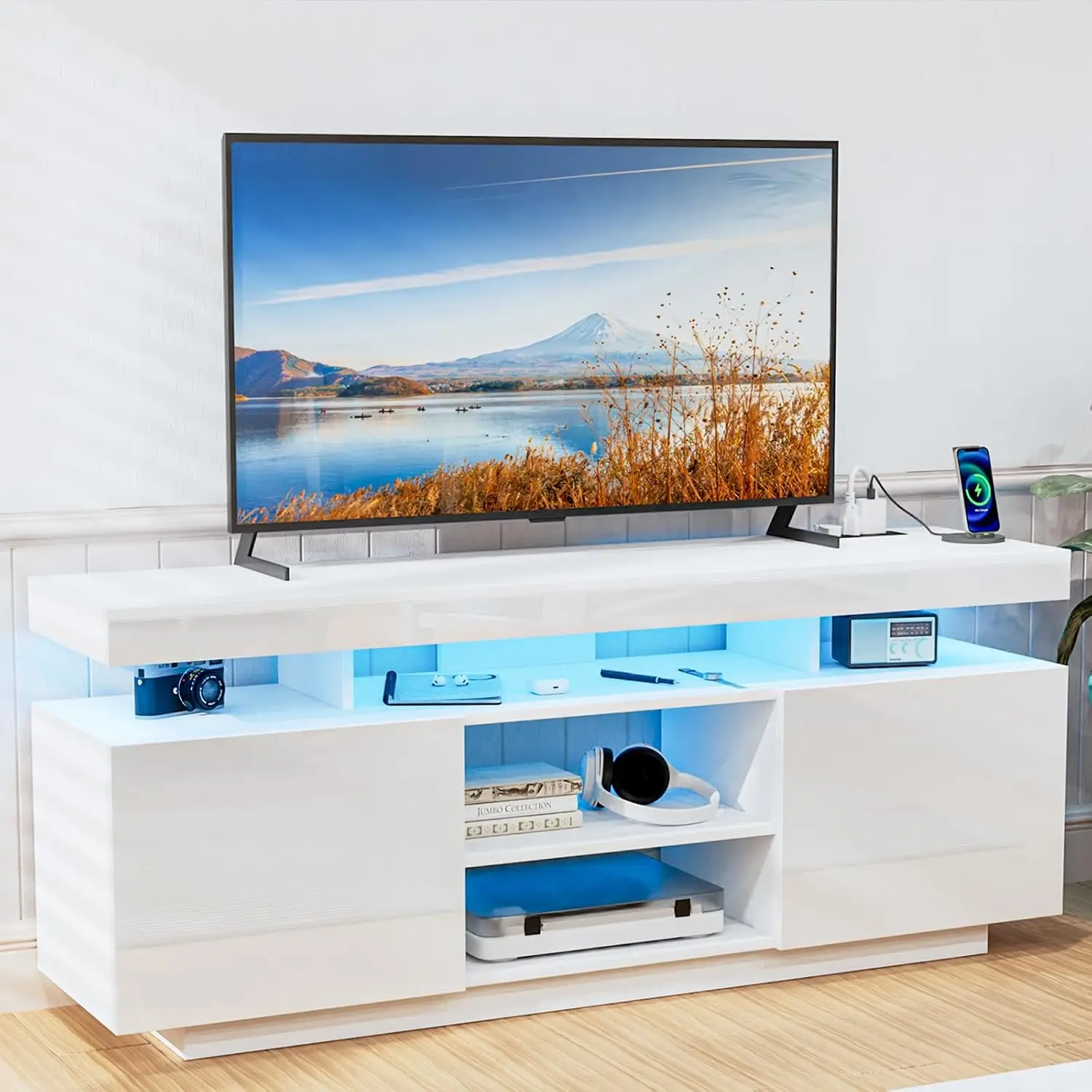 LED TV Stand 65 Inch White Tall Console Power Outlet Storage High Gloss Gaming Media Cabinet Living Room, Customized
