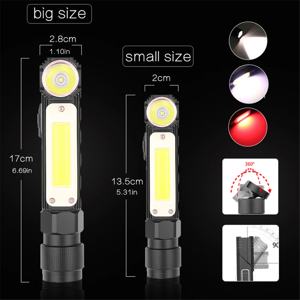 LED Flashlight Ultra Bright Work Light Waterproof Usb Rechargeable Tail Magnet Flashlight 5 Modes LED Torch 90 Degrees Rotation