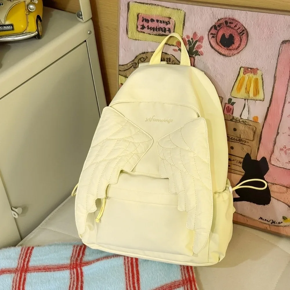 Versatile Angel Wing Backpack Solid Color Large Capacity Canvas Backpack Y2k Style Embroidered Pattern School Bag