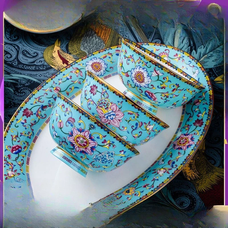 

Jingdezhen luxury Chinese enamel color dishes set, household bone china tableware