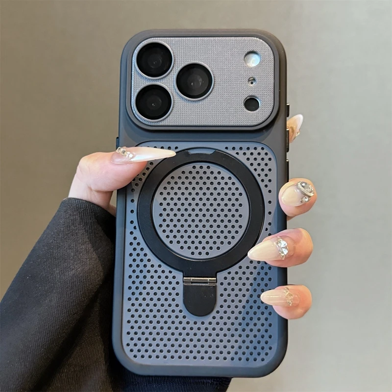 Funda de lujo con disipación de calor y soporte para iPhone 17 Pro Max 12 13 14 15 16 Plus Soporte magnético cubierta trasera mate con borde 5