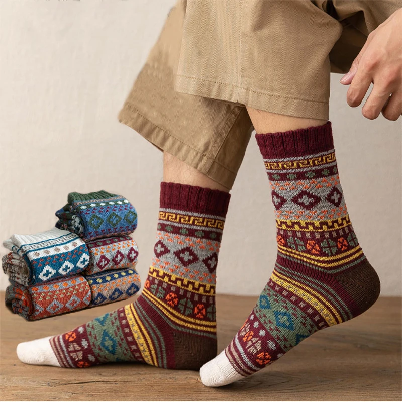 

5 Pairs Autumn Winter Warm Men's Thicken Thermal Wool Socks Fashion Casual Harajuku Spanish Socks National Style Socks for Gift