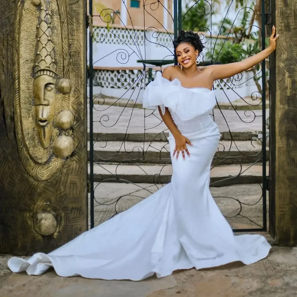 

Elegant White Mermaid Lace Pearl Women's Wedding Dress New Sexy One Shoulder Ball African Women's Party Bridal Dress Customized