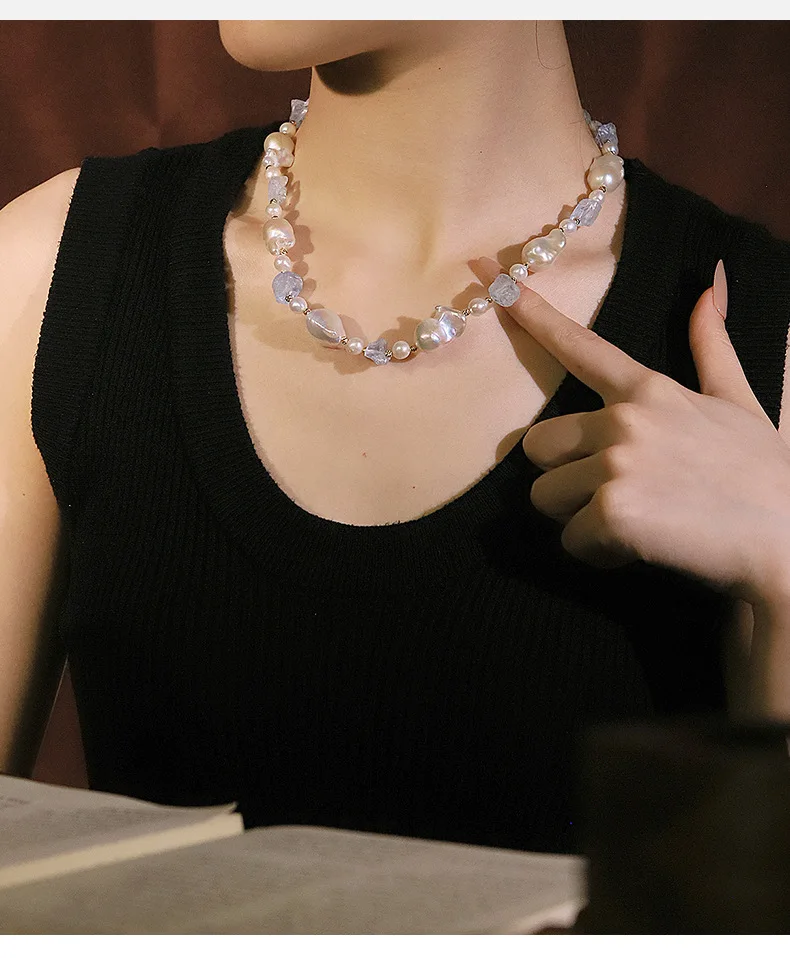 Trendy Baroque Pearl Aquamarine Pendant Choker Necklace for Women Original Handmade Design Adjustable Clavicle Chain Jewelry