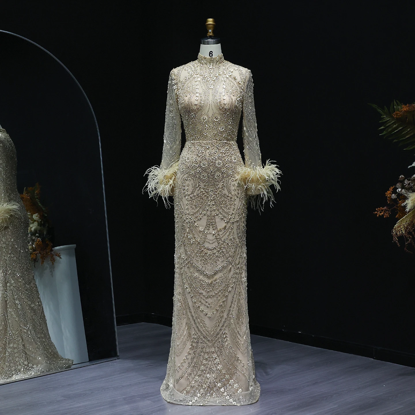 

Sharon Said Luxury Feather Beaded Gold Mermaid Evening Dress Long Sleeves High Neck Dubai for Wedding Party SS659 Customized