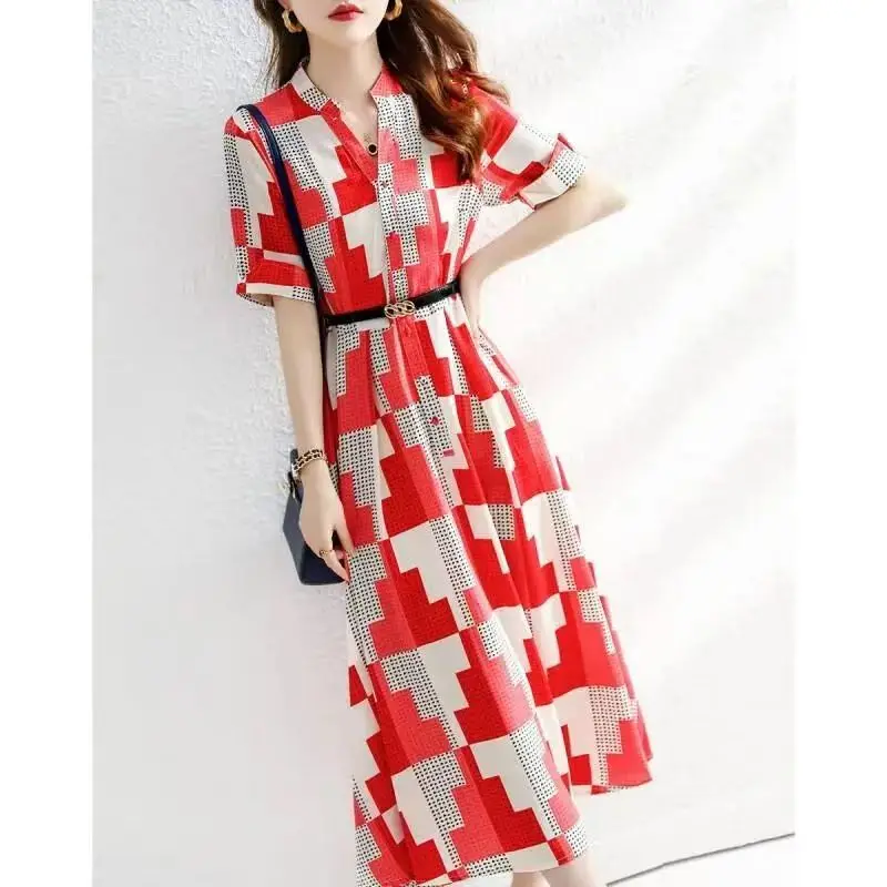 Vestido camisero a cuadros de moda para mujer Primavera Verano suelto manga corta gasa vestido largo por debajo de la rodilla verde rojo