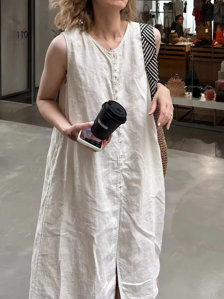 

Slimming Effect Summer New Style Lazy Loose Women's Vest Large Size Mid-Length Single Button Sleeveless Shirt Trendy Casual Wear