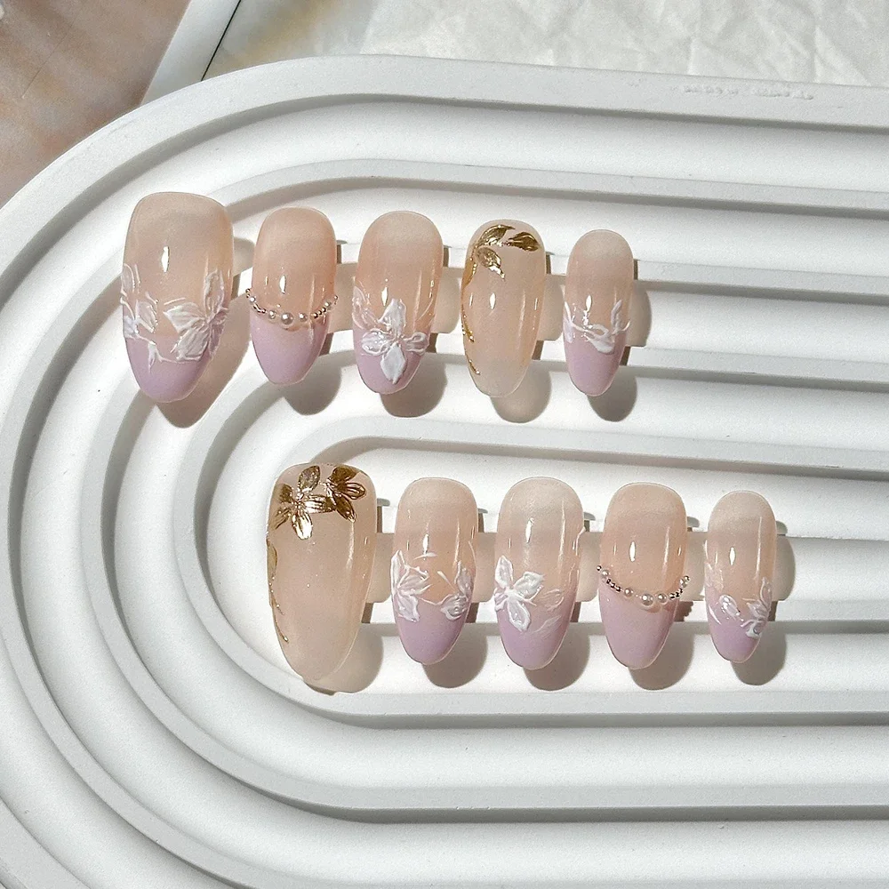 귀여운 패션 반짝 이는 고양이 눈 수제 분리형 가짜 손톱 아크릴 손톱에 고품질 손으로 그린 ​​꽃 진주 프레스