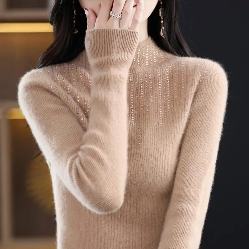 Elegant Stand Collar Solid Color Diamonds Sweaters Women's Clothing 2023 Autumn Winter Loose Korean Pullovers Office Lady Tops