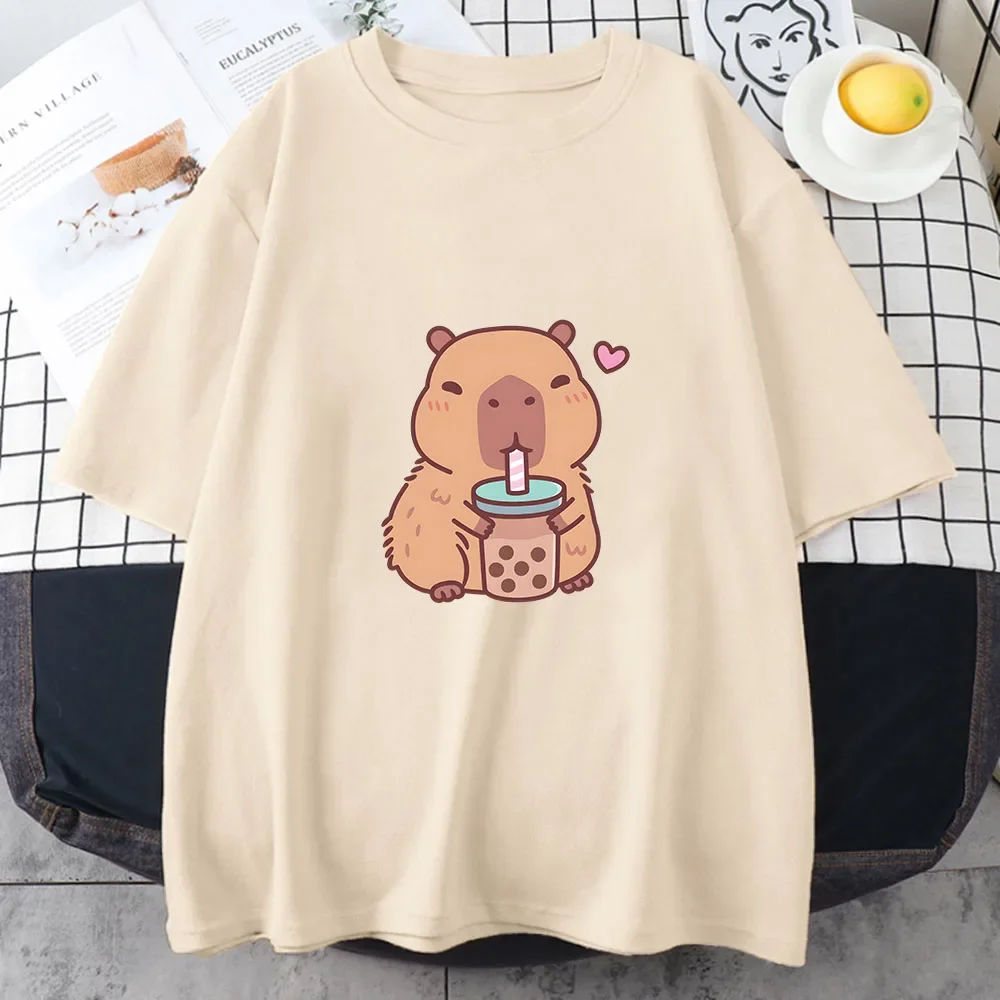 

Capybara Loves Drinking Bubble Tea T-shirt 100% Cotton Summer Clothes Casual Women/Men Kawaii Tshirt Cute Girls Shirts Fashion
