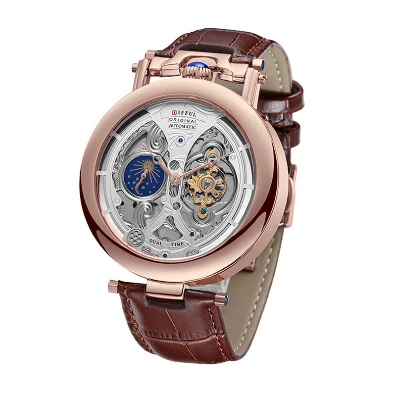 Luxury Tourbillon Mechanical Watch Leather Strap Skeleton Automatic Mechanical Mens WristWatch Fashion Self Winding Clock