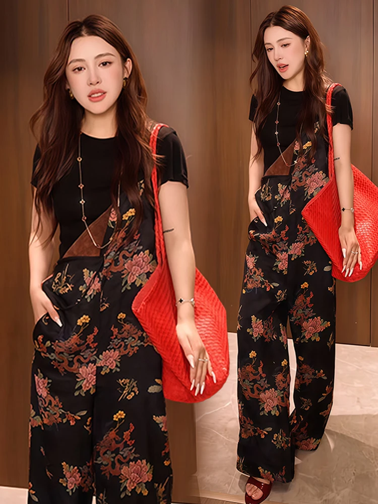 

Ele Women's Summer 2026 Loose Faionable ort Sve Print Bib Pants Two-Piece Set Polyester Fiber Anti-Wrinkle Casual ...