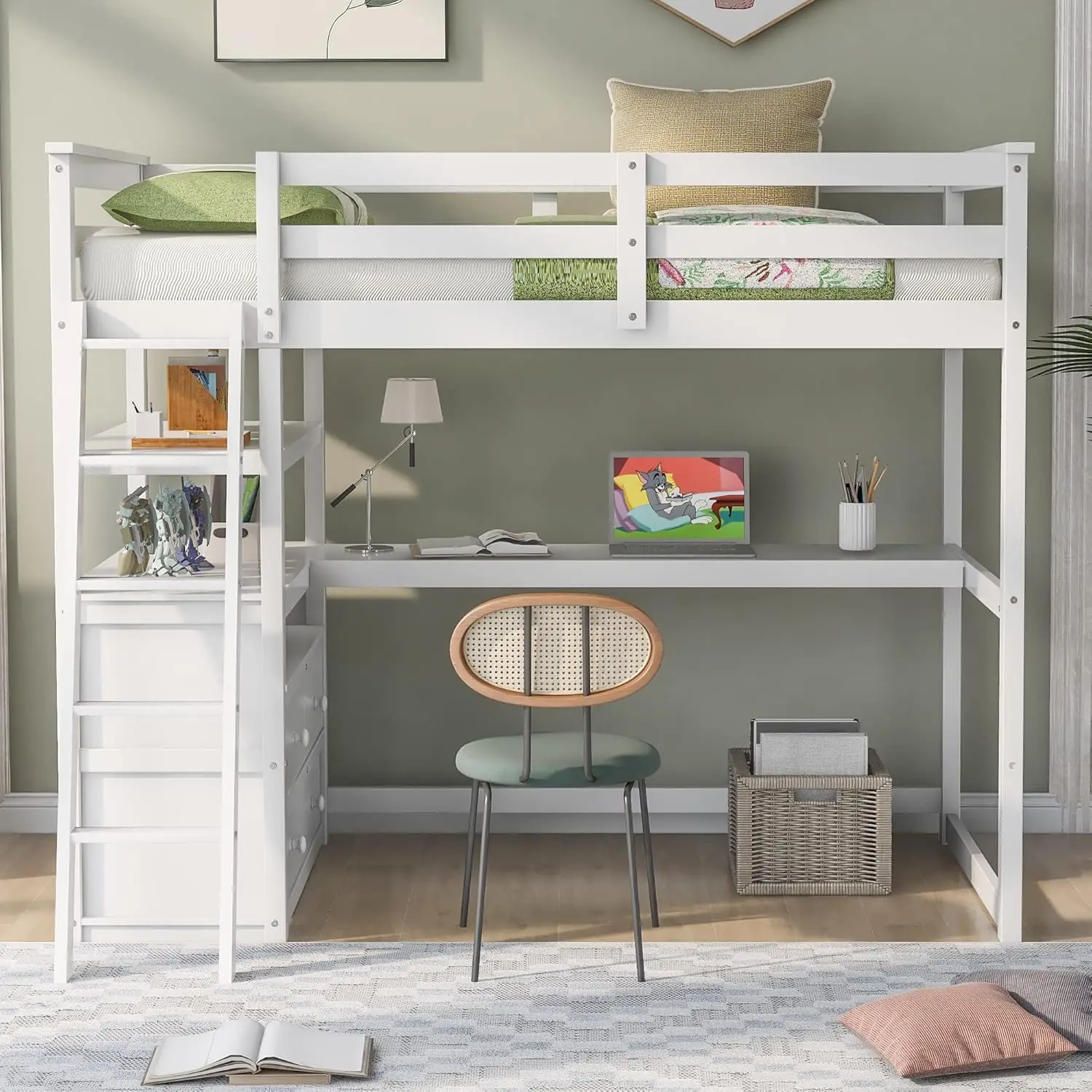 

Merax Twin Loft Bed, Twin Size Loft Bed with Desk, Wood Loft Bed Frame with Shelves and 2 Built-in Drawers, No Box Spring Need