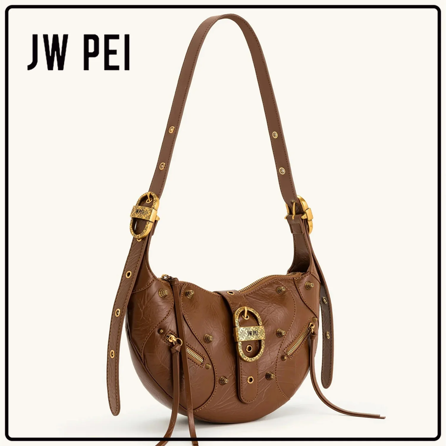 

JW PEI Stylish Oil-Waxed Leather Horn Bag Large Capacity Biker Shoulder Crossbody Bag Underarm Bag Premium Messenger Bag