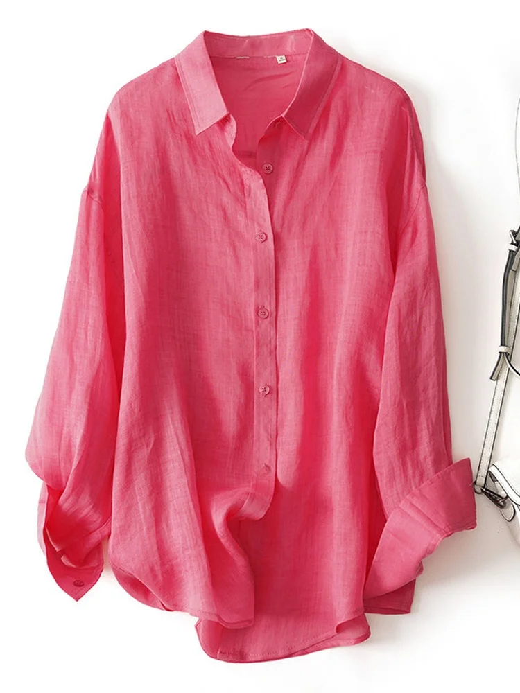 

Brand Outlet Pink Sun Protection irt Women's Spring Summer Loose Cotton Linen Air Conditioner Cover up Long Sve Button down