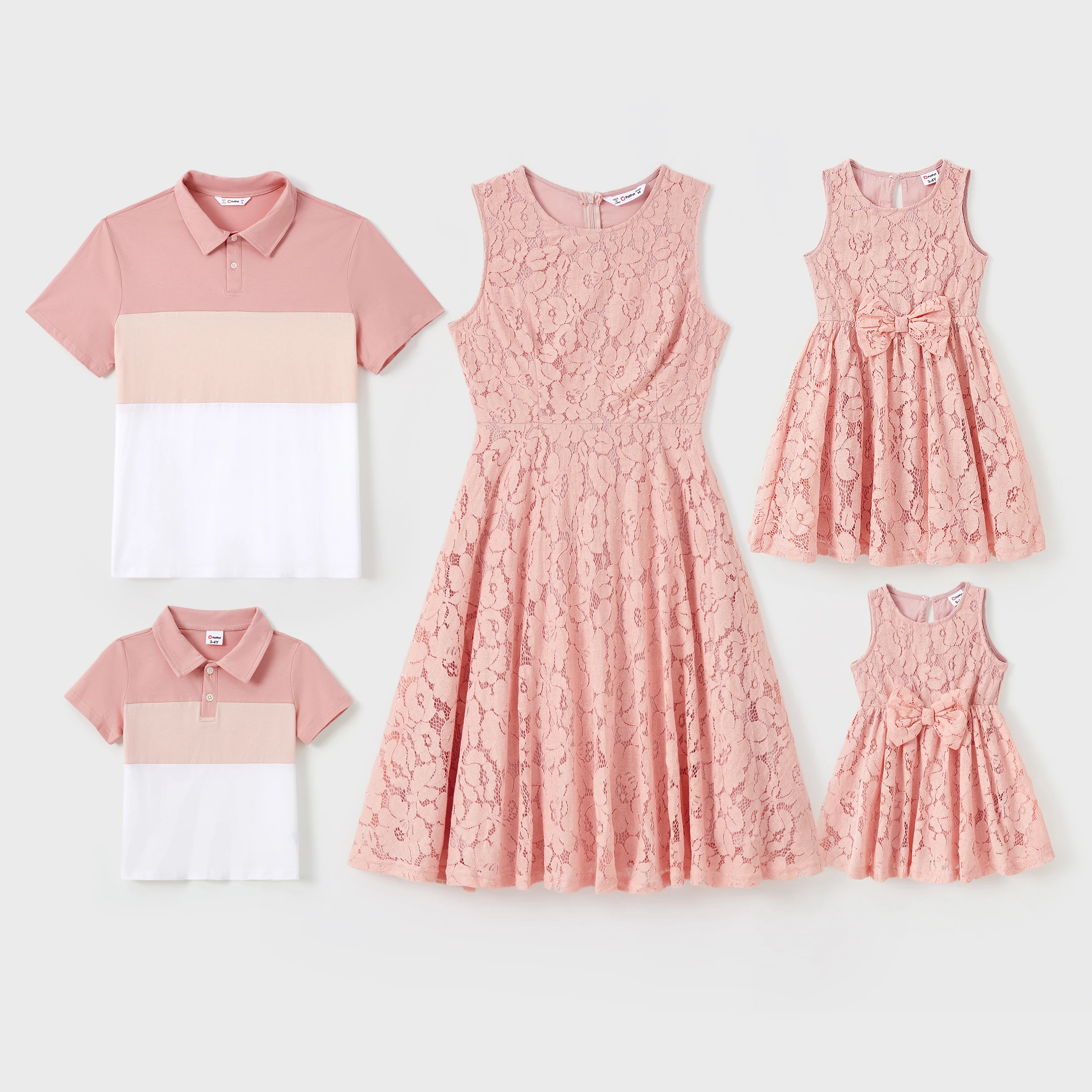 PatPat Family Matching Sets Pink Color Block Polo Shirt or Lace Eyelet Sleeveless Dress