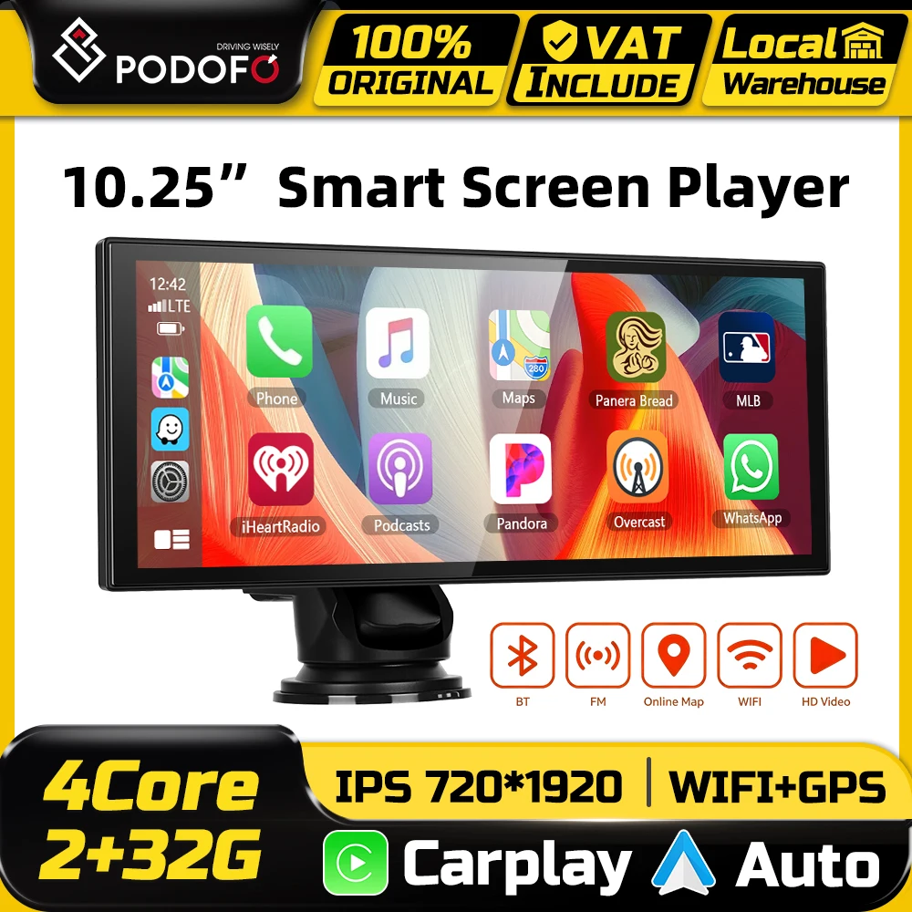 Podofo 10,25" Armaturenbrett-Automonitor 2+32G Tragbarer Drahtloser Carplay Android Auto Bildschirm Rückfahrkamera Autoradio DVR Multimedia GPS WIFI