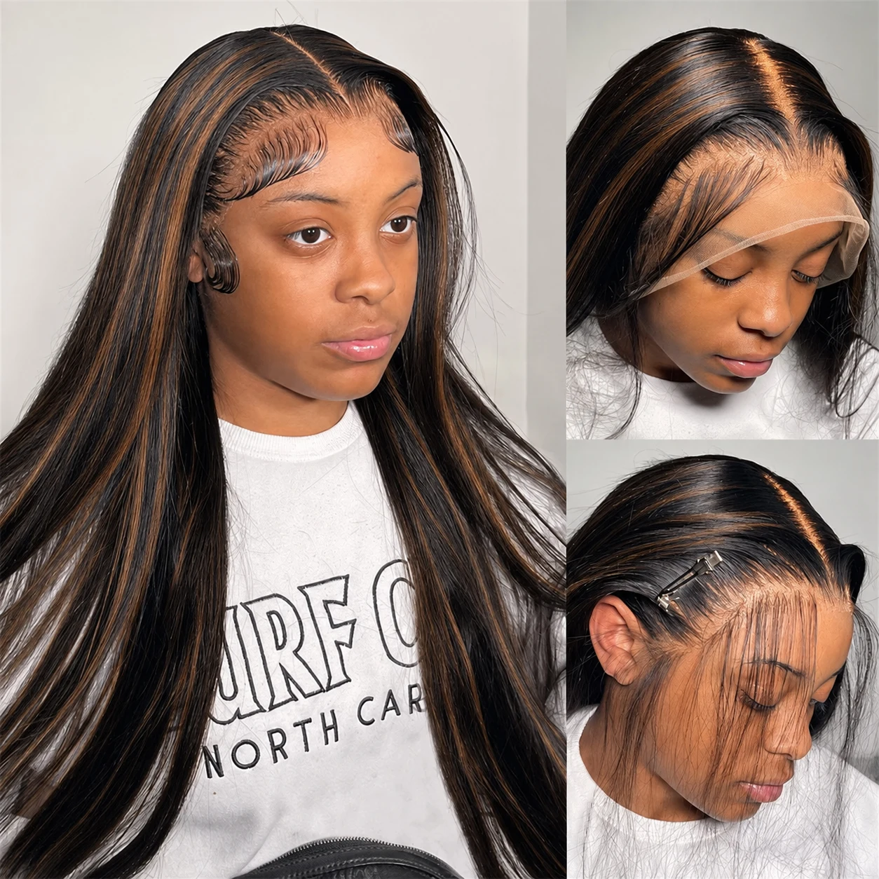 Brazilian Human Hair 30 Inch Bone Straight Wig 1B/30 Black Brown Highlight 13x4 HD Lace Front Wig Pre Plucked Hairline with Baby Hair Ombre Balayage Colored Lace Frontal Wig Long Silky Straight Hair