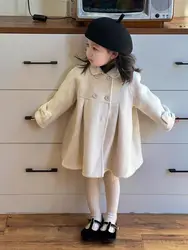 2-10Years Toddler Baby Woolen Jackets for Girls Beige Turn Down Collar Dress Jacket Infant Kids Outwear Coat 3 4 5 6 7 8 9